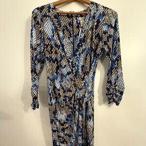 Share Blue, White, and Gold Long-Sleeve Knit Cache Wrap Dress Size Large NWT